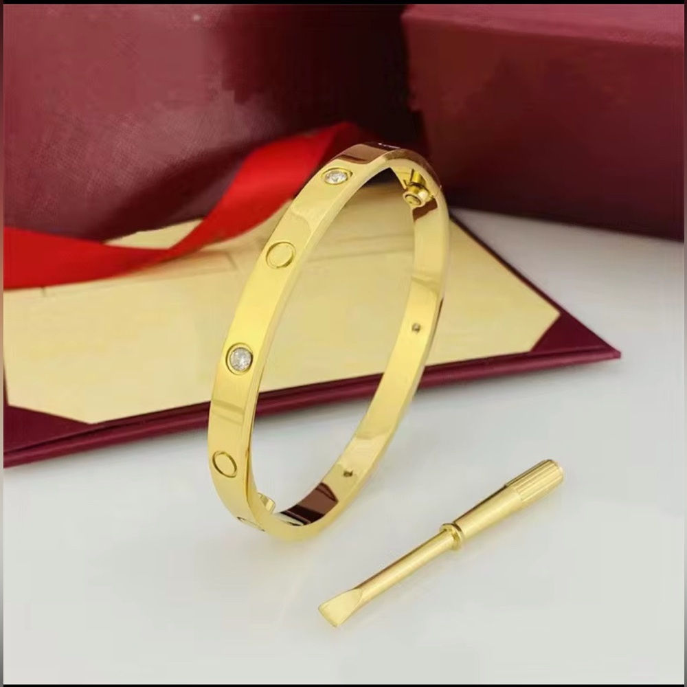 Gold Women's Screw-Accent Bangle Bracelet with Crystal Accents